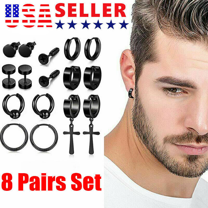 16 PACK Earrings Stud Stainless Steel Punk Piercing Men Hoop Gothic Unisex