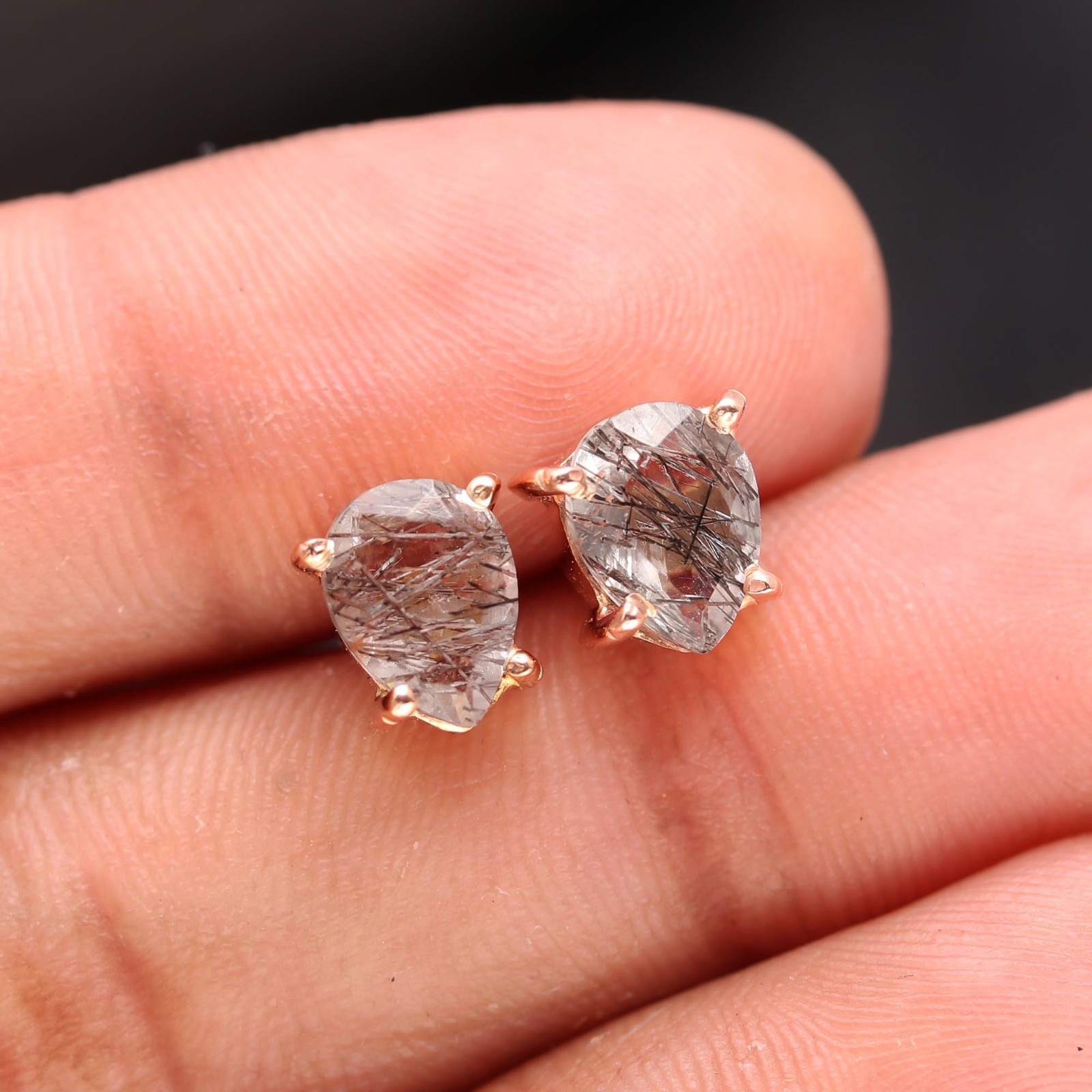 Natural Black Rutile Pear Stud Earrings Rose Gold Plated Solid Silver Jewelry