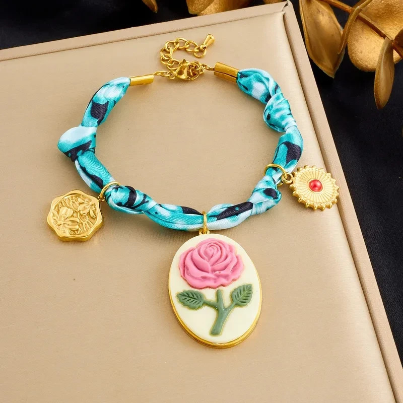 Charm Anklet Bracelet Twisted Braided Scarf Bandana Gold Plated Flower Charms
