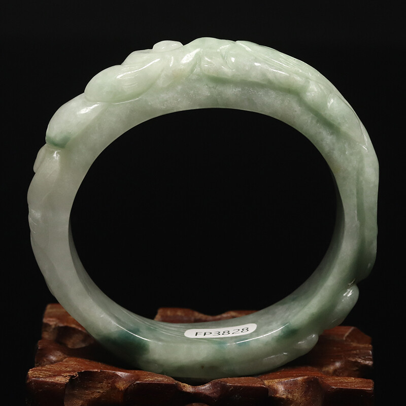 53mm White Green Jadeite Jade Bangle Bracelet Hand-carved Dragons 07709