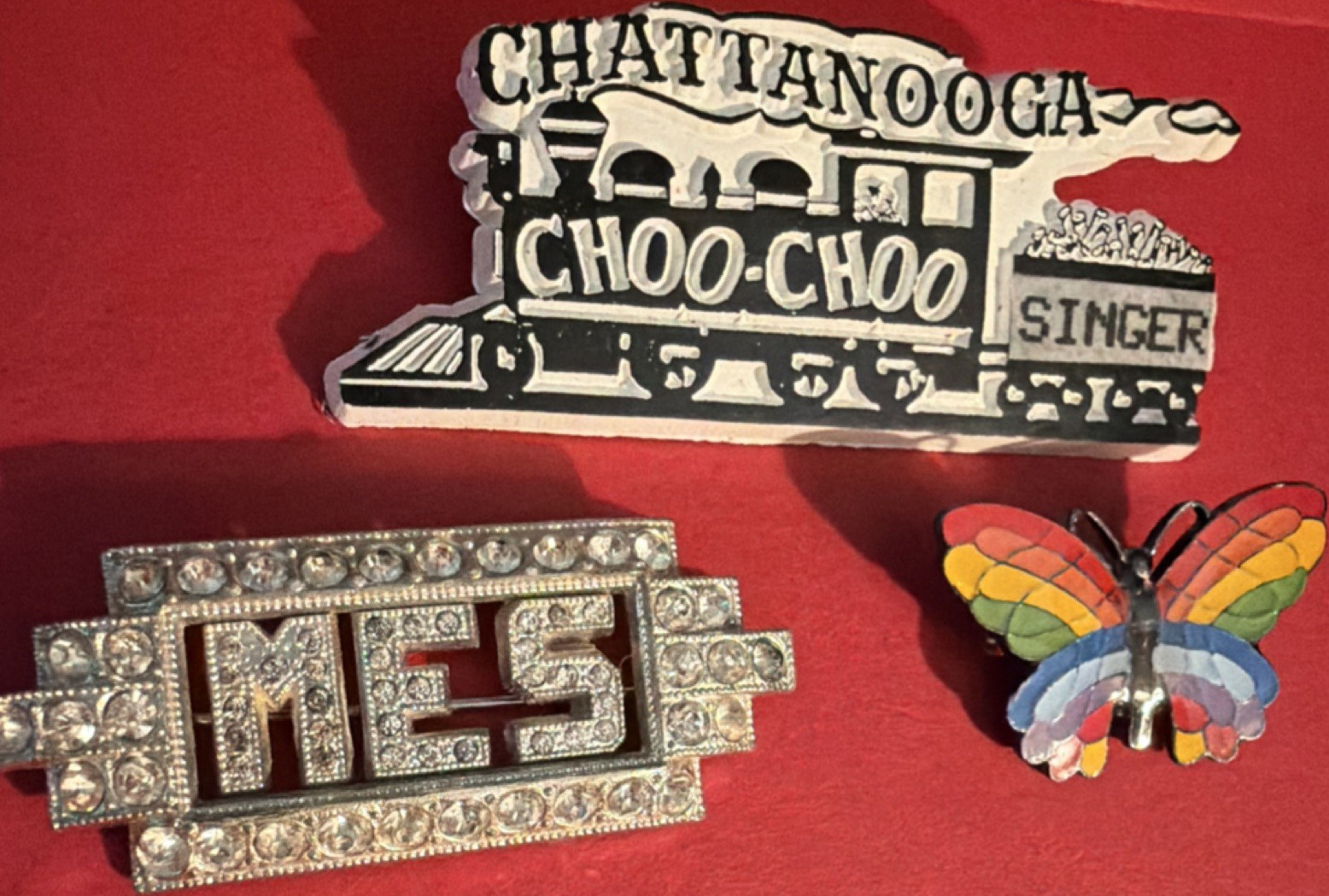 MES Rectangle Pin Silver Tone Metal Clear Round Rhinestones Transportation Theme
