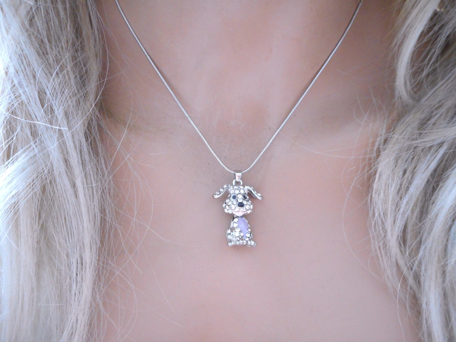 Austrian Crystal Dog Pendant Necklace Women’s Silver Plated Bobble Head New