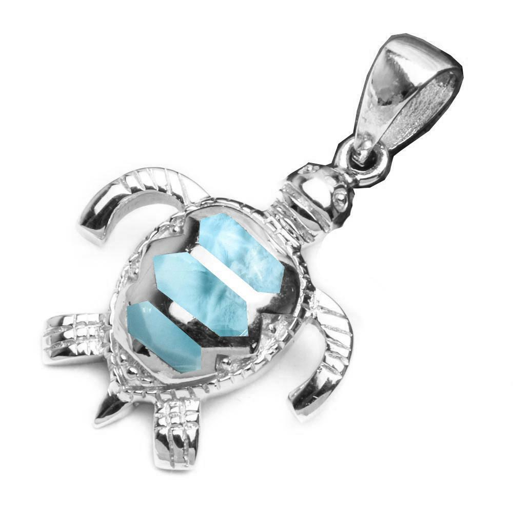 Natural Larimar Turtle .925 Sterling Silver Pendant