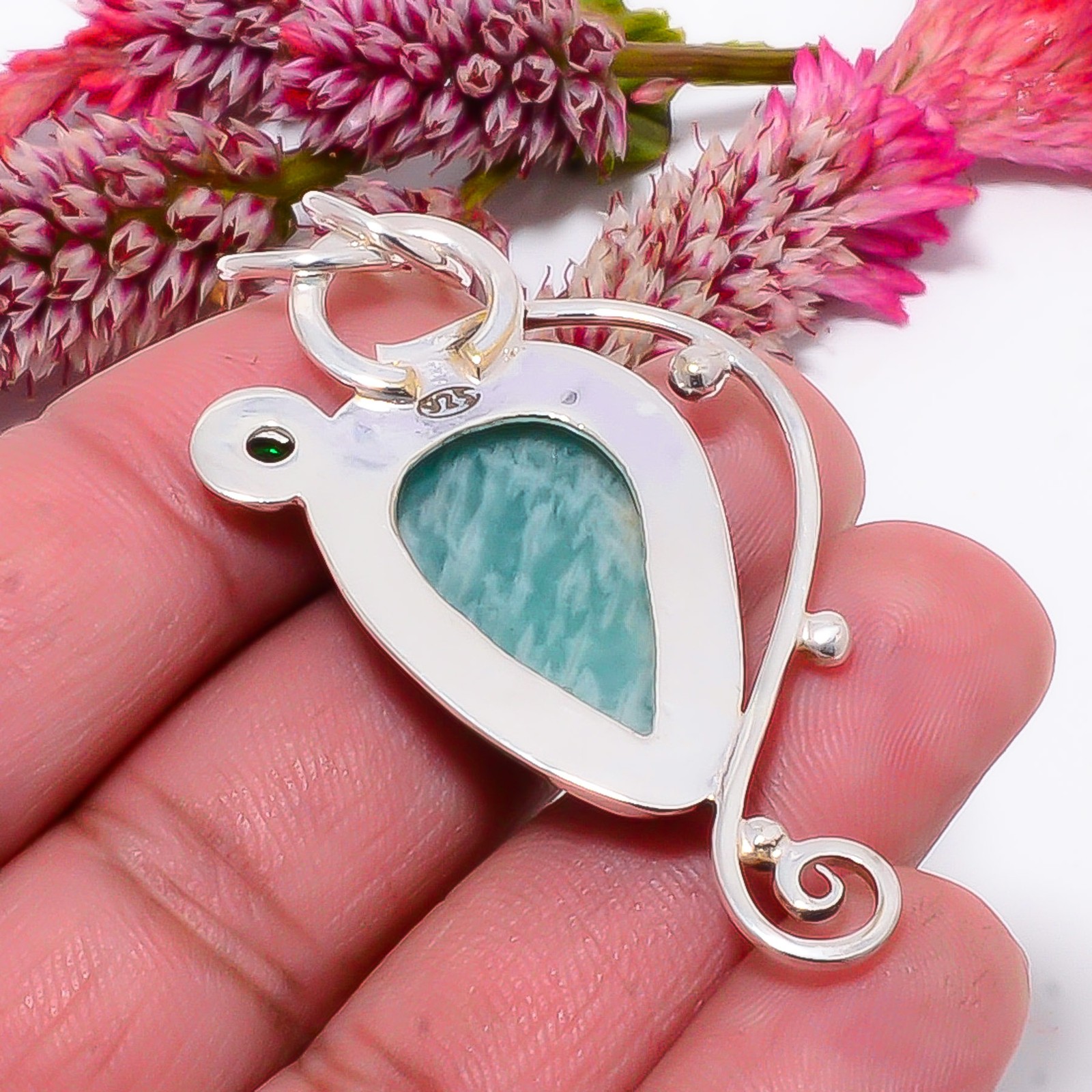 Amazonite – Russia & Tsavorite 925 Sterling Silver Handmade Pendant 2.15″ sku31
