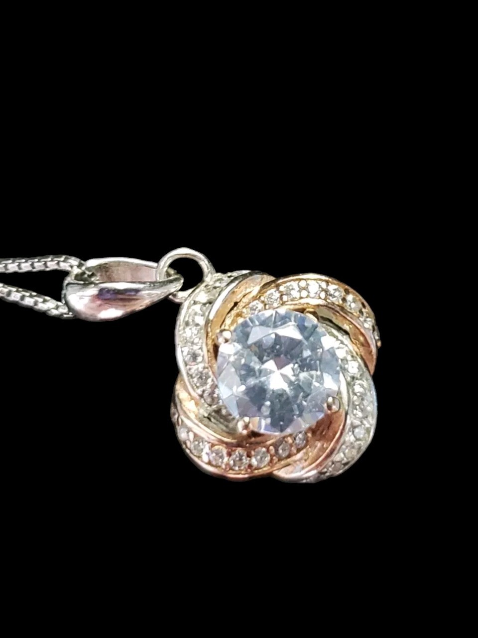 Sterling Silver CZ Cubic Zirconia Two Tone Love Knot Pendant Necklace 18″ Box