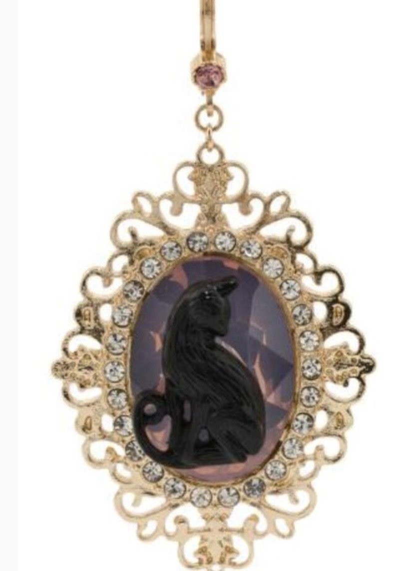 BETSEY JOHNSON Black Cat Cameo Rhinestone Gold Tone Halloween Drop Earrings NWT