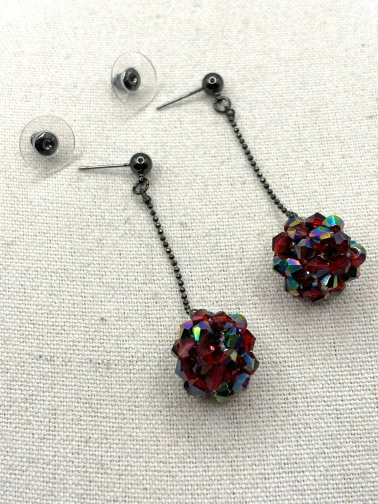 Cookie Lee Red Aurora Borealis Glass Bead Ball Drop Gunmetal Tone Earrings NWT