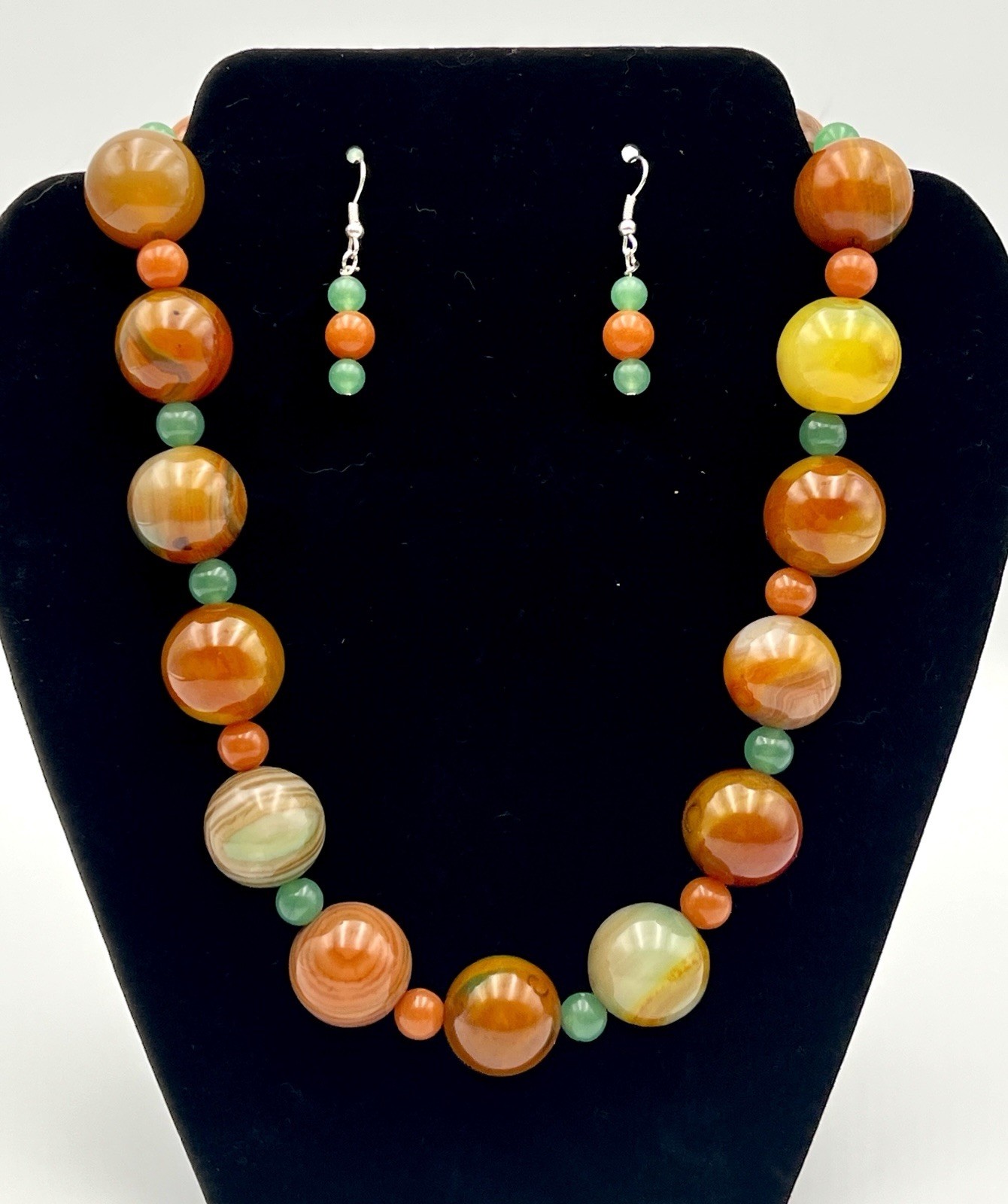 Vintage 21mm Agate, Aventurine & Carnelian Beaded Necklace & Earring Set Heavy