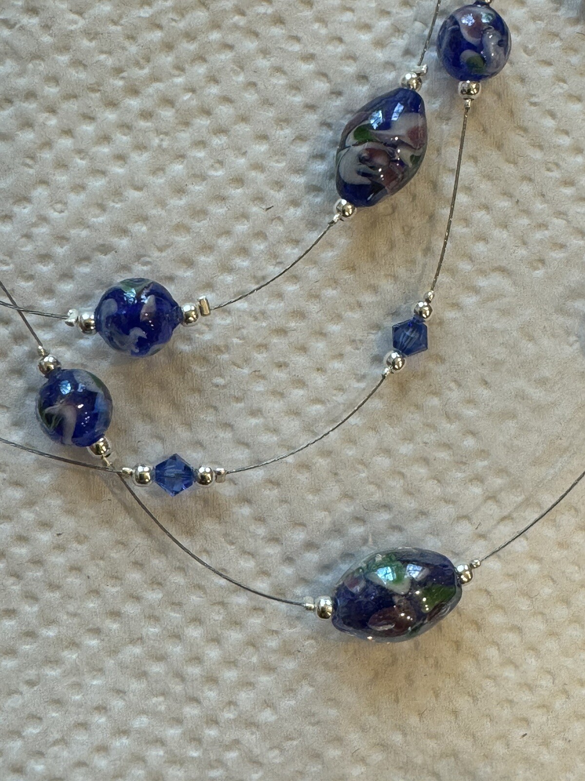 Murano Glass Necklace Sterling Silver Beaded Layered 3 Strand Hand Blown Choker