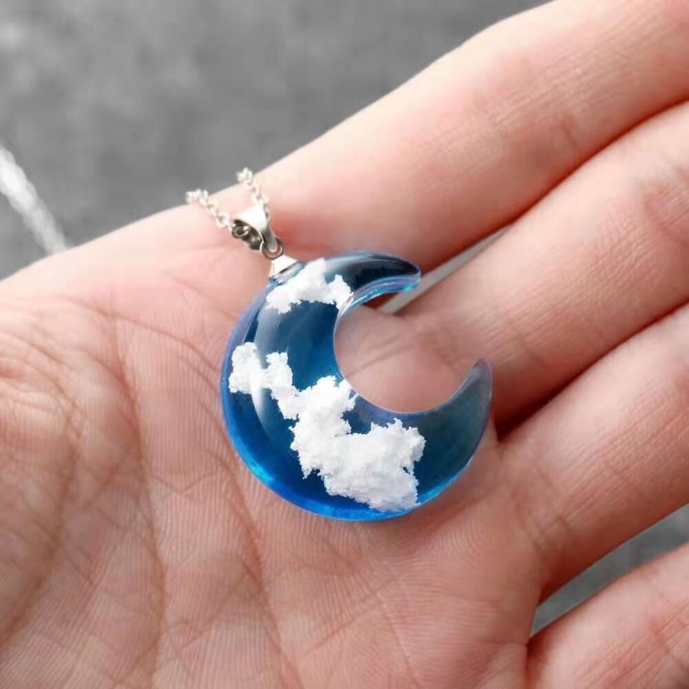 White Clouds Night Sky Resin Crescent Moon Pendant Necklace