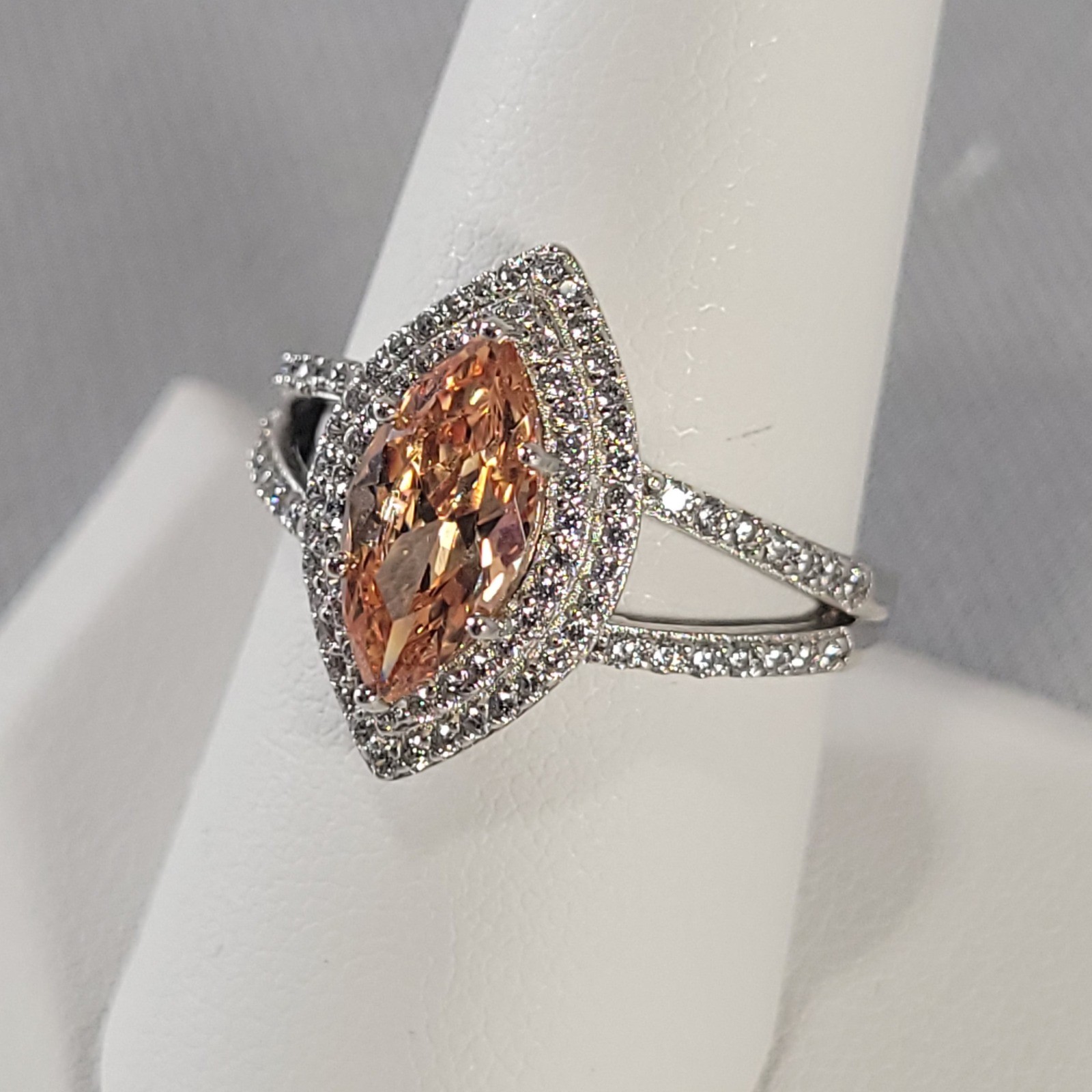 Sterling Silver Halo Ring Womens Size 8.75 Peach Marquise Glass Split Shank Pavé