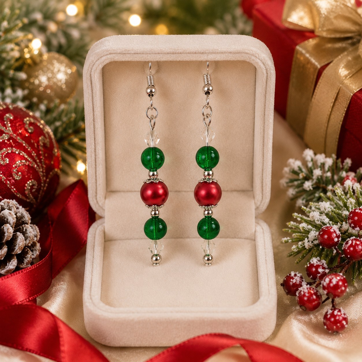 Holiday Glass Pearl Bulb Silver Plated Fishhook Earrings #C66