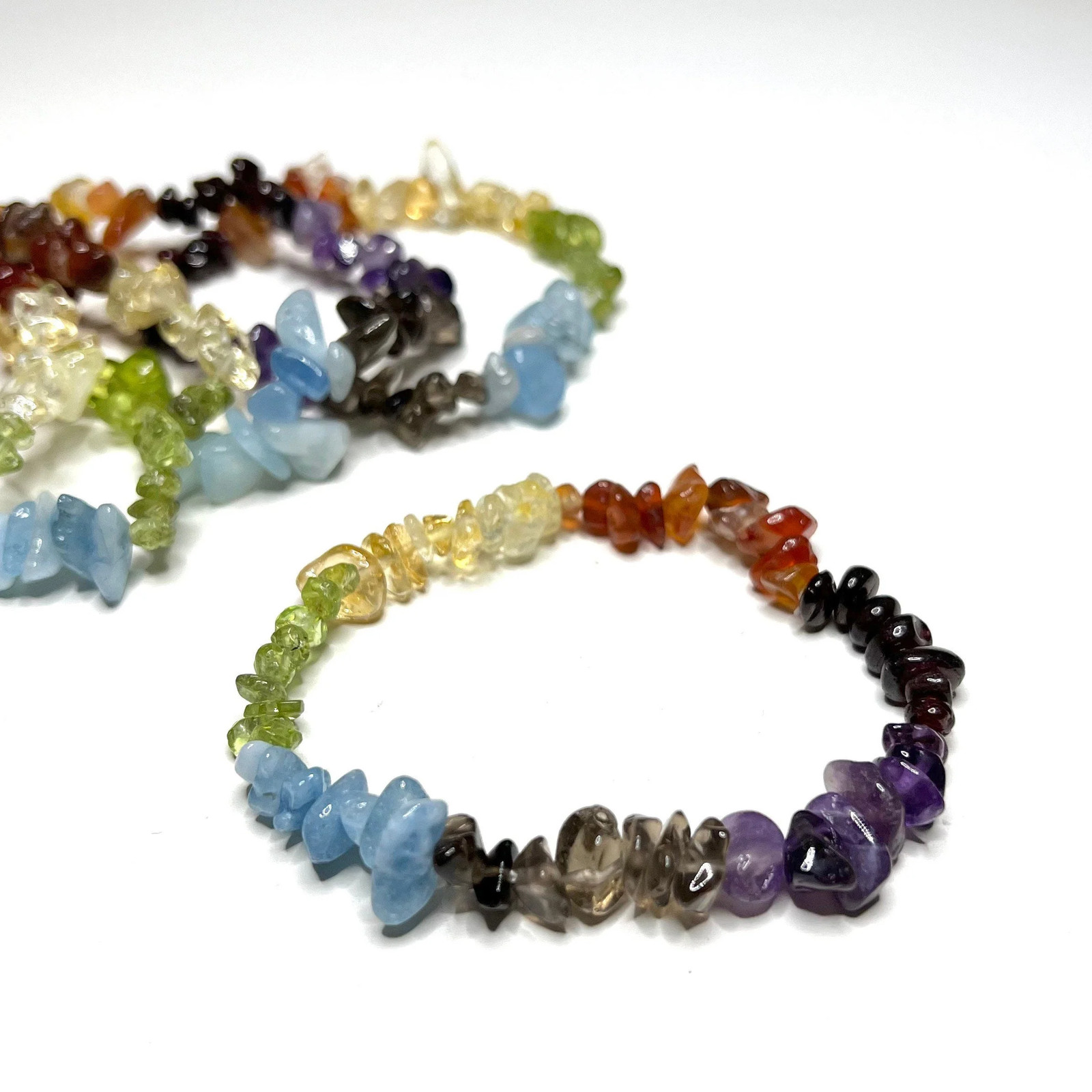 Seven Chakra Stone Chip Bracelet: Gemstone Beaded Stretch Bracelet