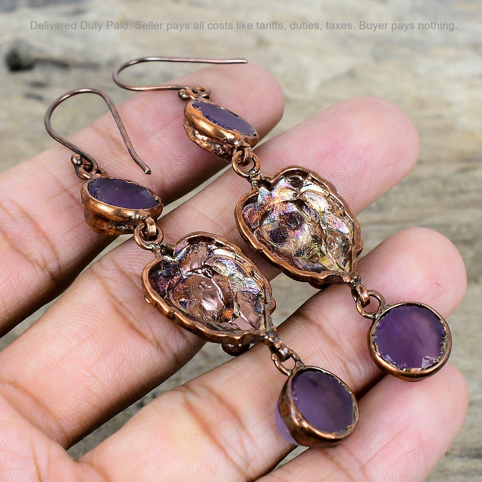 Halloween Deal African Amethyst Rough Stone Drop Wedding Earrings Jewelry Copper