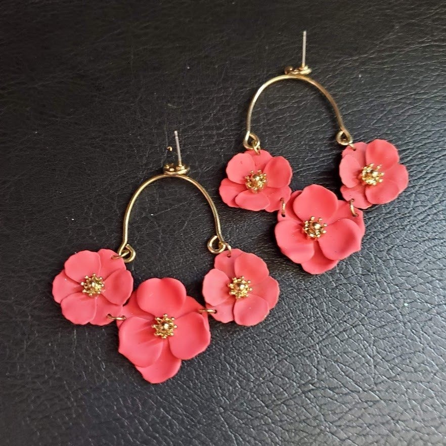 Coral Pink Matte Floral Statement Hoop Dangle Earrings Gold Tone Botanical