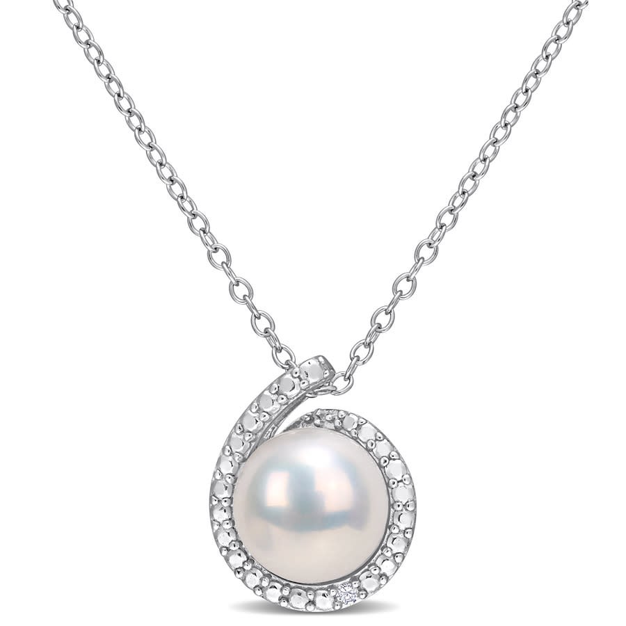 AMOUR 8-8.5mm Freshwater Cultured Pearl and Diamond Accent Halo Pendant with