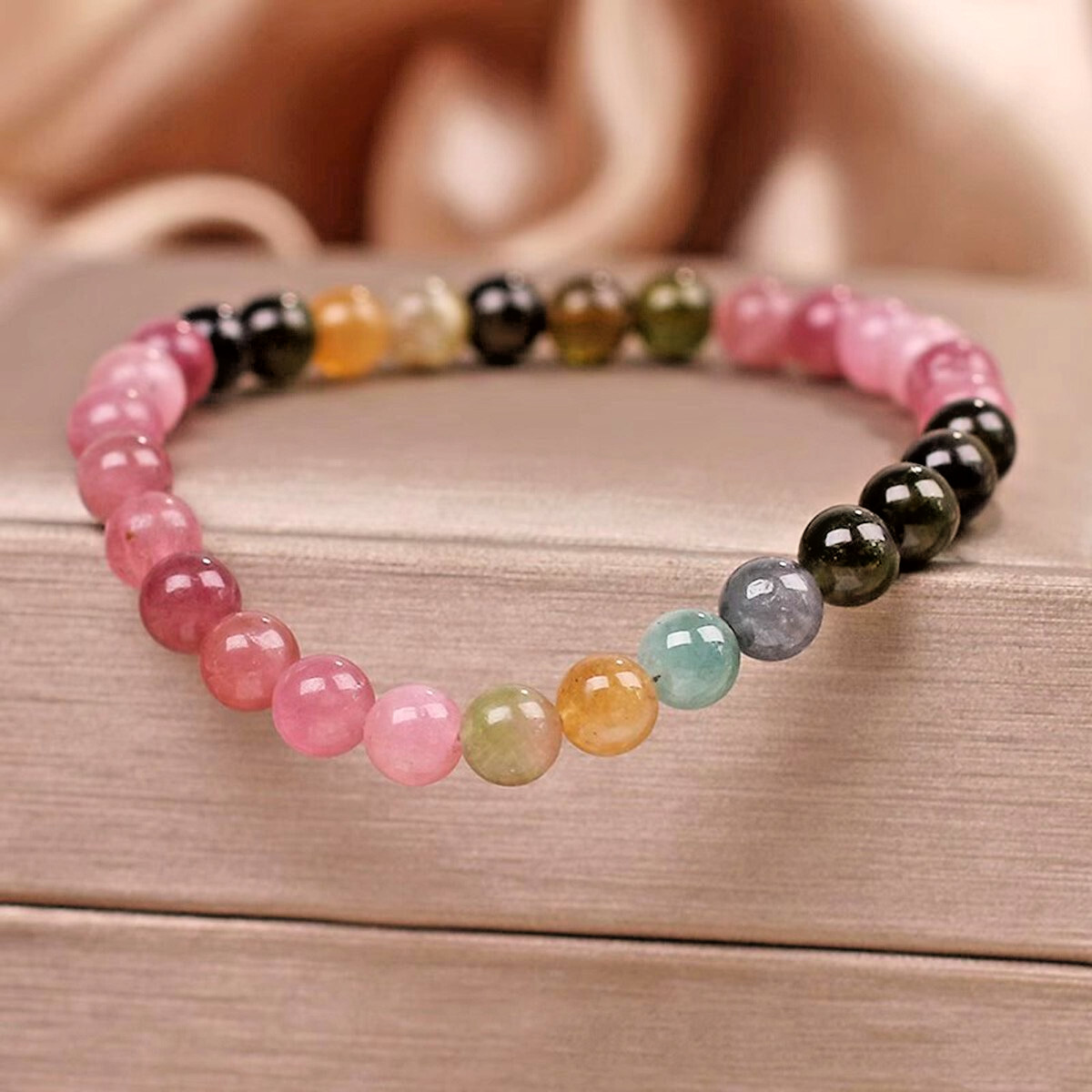 Rainbow Tourmaline Crystal Gemstone Stretch Dainty Bracelet Minimalist 4mm Beads