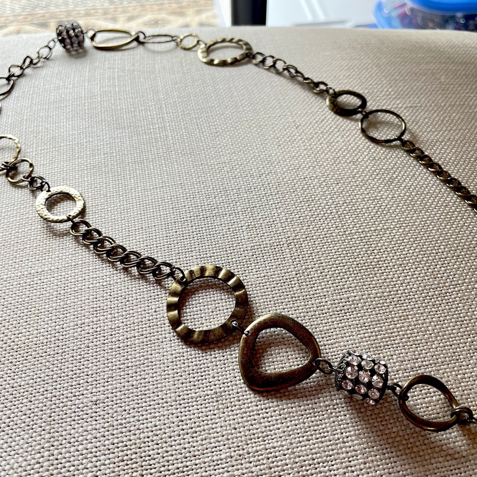 Lia Sophia IMPROV Mixed Metal Long Circle Link Chain Necklace Rhinestone 43″