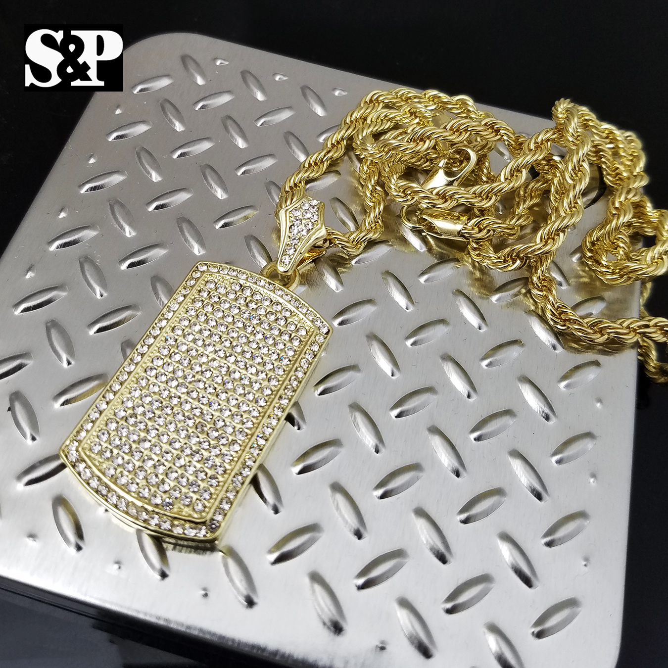 Hip Hop Quavo Choker 16″ 1 ROW DIAMOND CHAIN & Full ICED DOG TAG Necklace Set