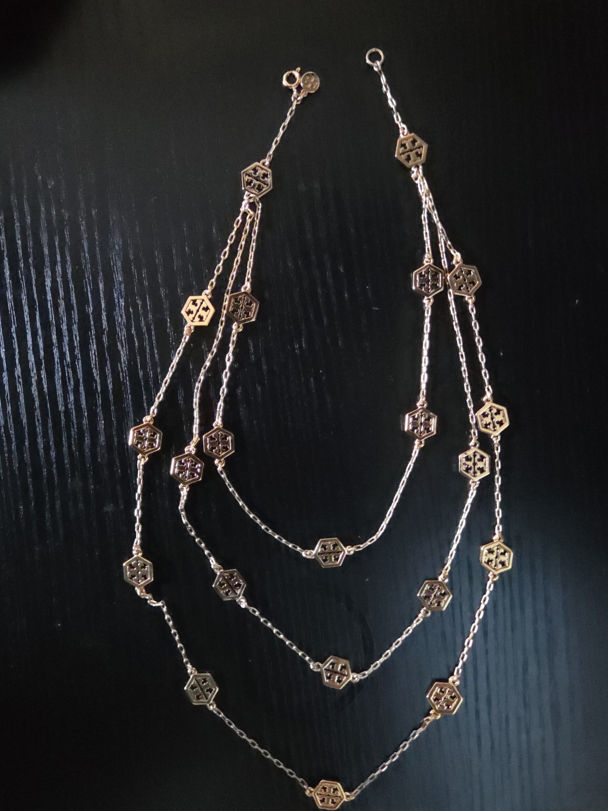 Tory Burch Gold Tone Layered Multi-Strand Cable Chain Necklace Geometric Charm