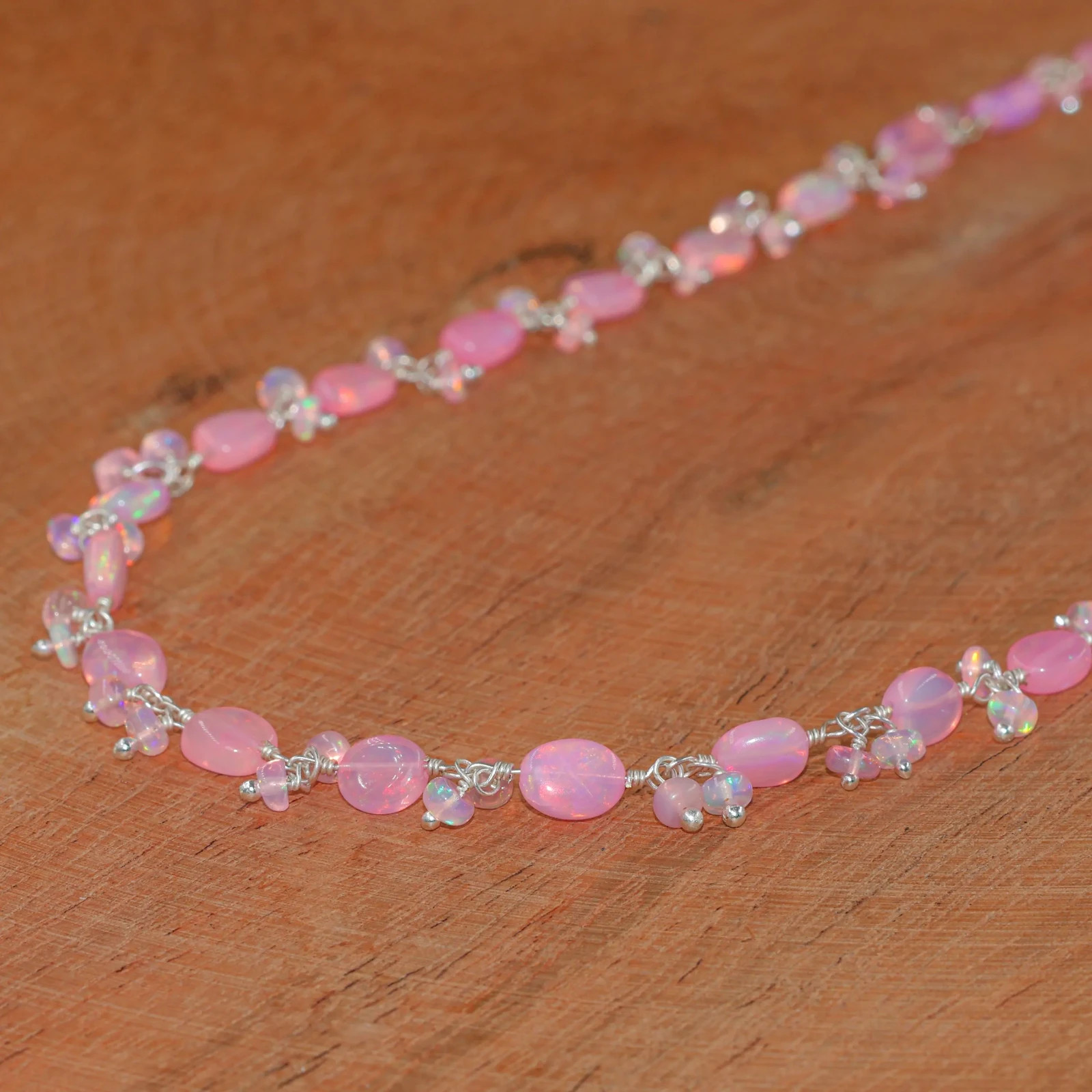 Pink Fire Opal Gemstone Tumble Beads Necklace, Natural Pink Opal Beads Necklace