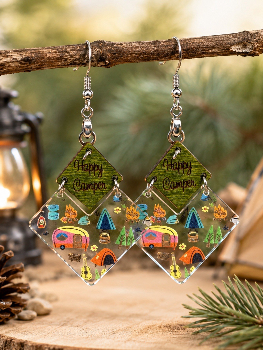 Happy Camper Cute Earrings Dangles Handcrafted Laser Engraved Made In USA 🇺🇸