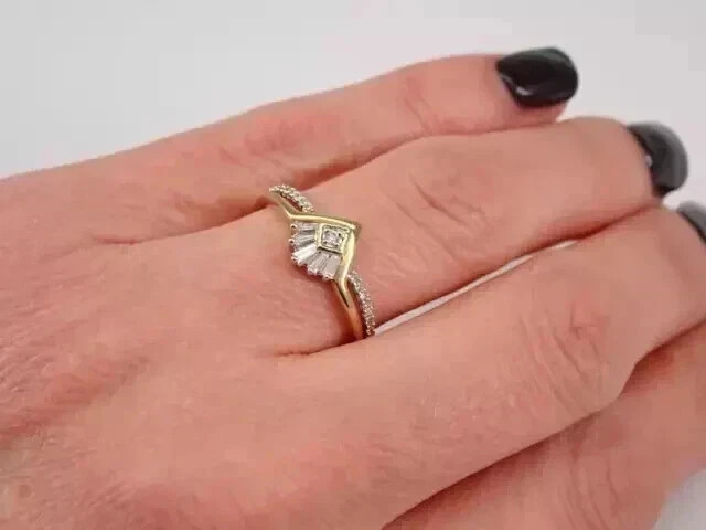 2.20Ctw Round Cut Real Moissanite Engagement Chevron Ring 14K Yellow Gold Plated