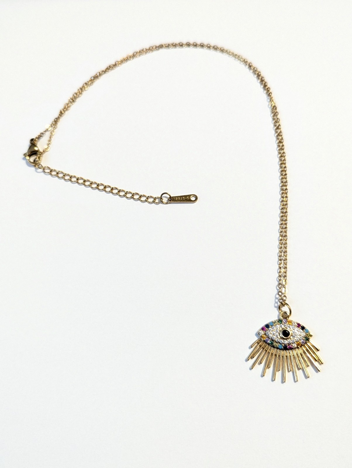 Gold Tone Cable Chain Necklace Multicolor Crystal Rhinestone Evil Eye Charm