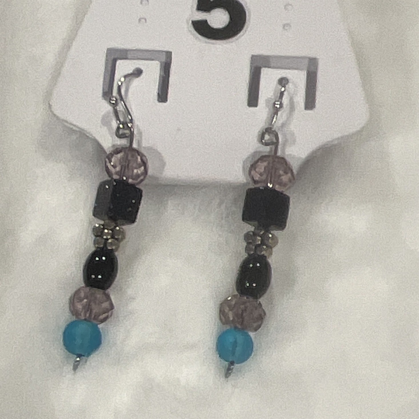 Silver Tone Black Blue Purple Round Glass Beaded Hook Dangle/Drop Earrings