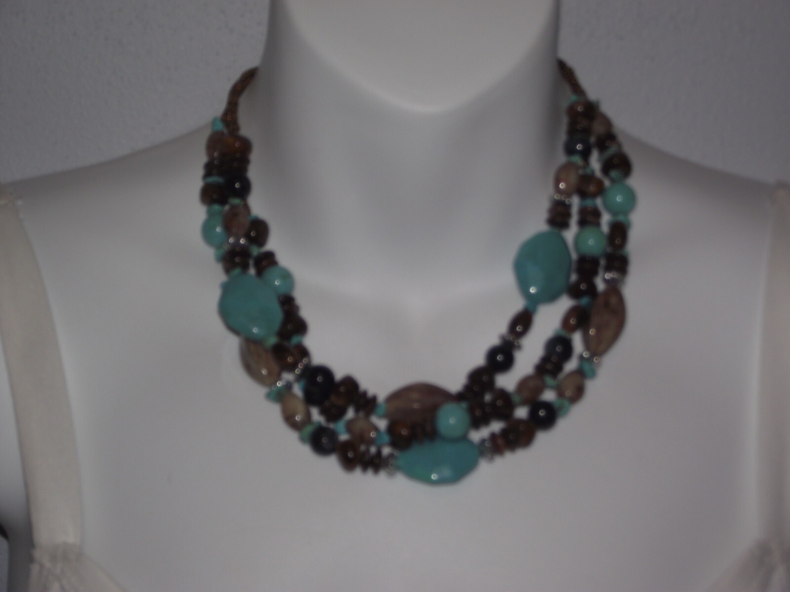 Brown faux blue turquoise silver tone multi-strand beaded necklace