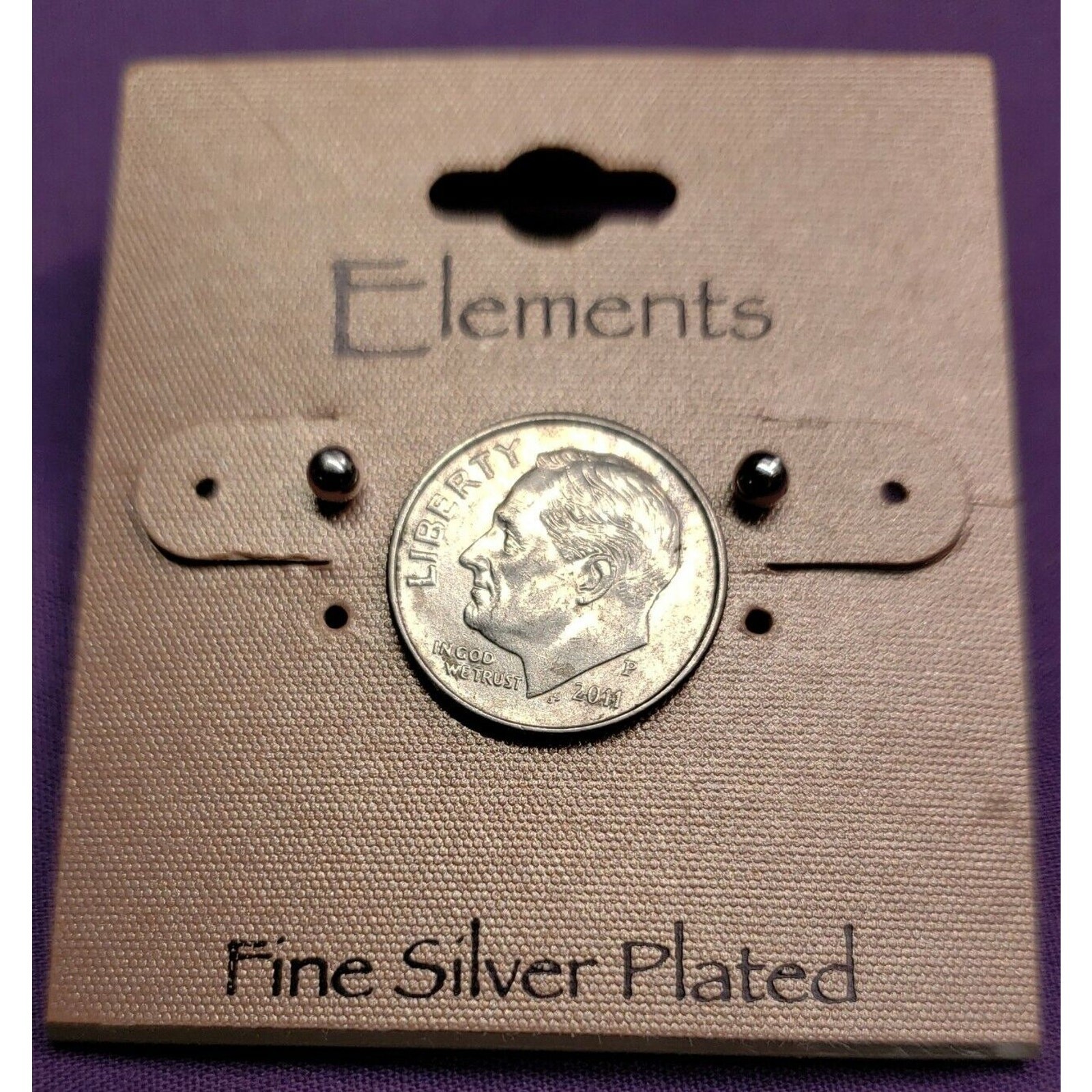 Elements Fine Silver Plated Tiny Ball Stud Earrings, with tags, ATI China stamp