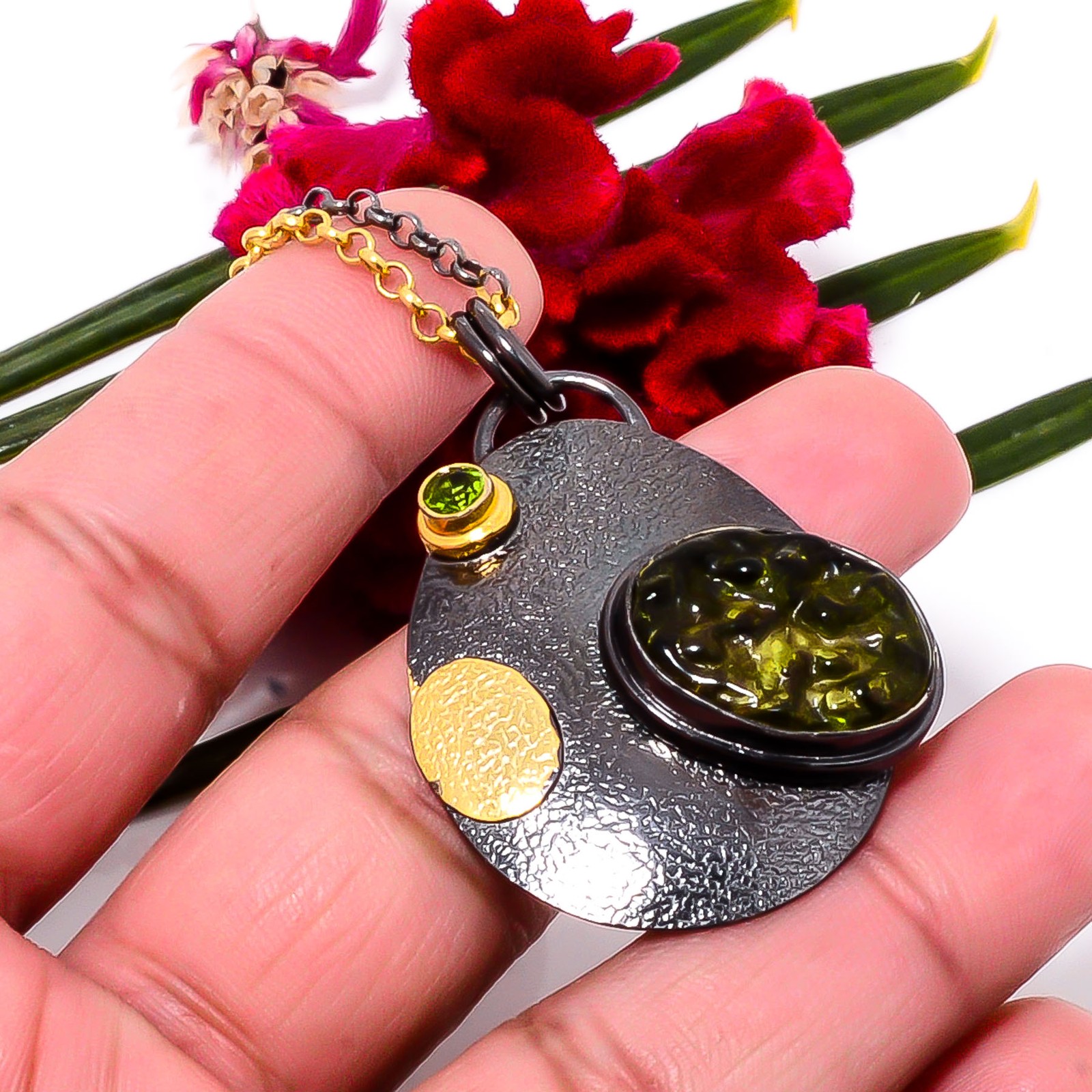 Moldavite, Green Tourmaline 925 Sterling Silver Chain Pendant 18-22″ Sku51