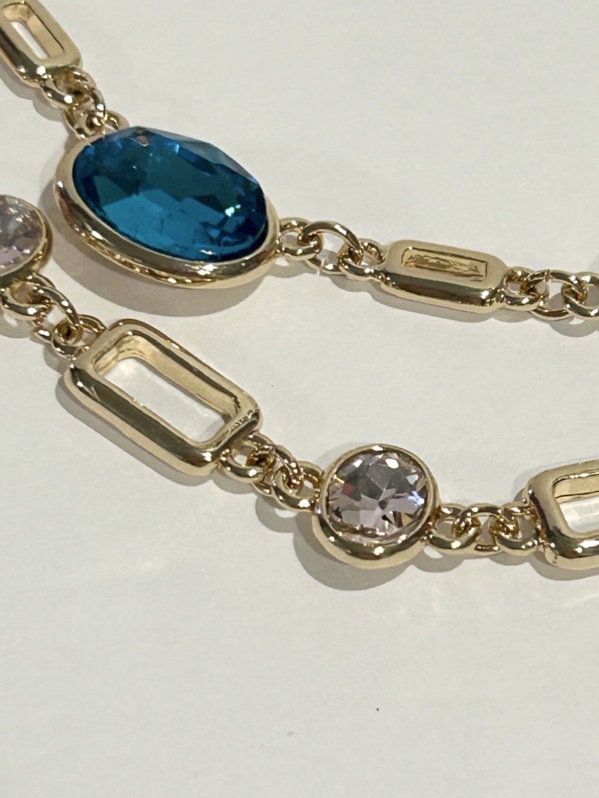 Gold Tone Double Chain Necklace With Man made London Blue Topaz