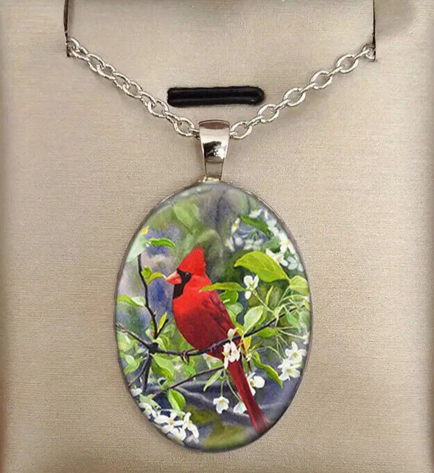 Cardinal Red Bird Oval Pendant Necklace Men Women Jewelry Gift