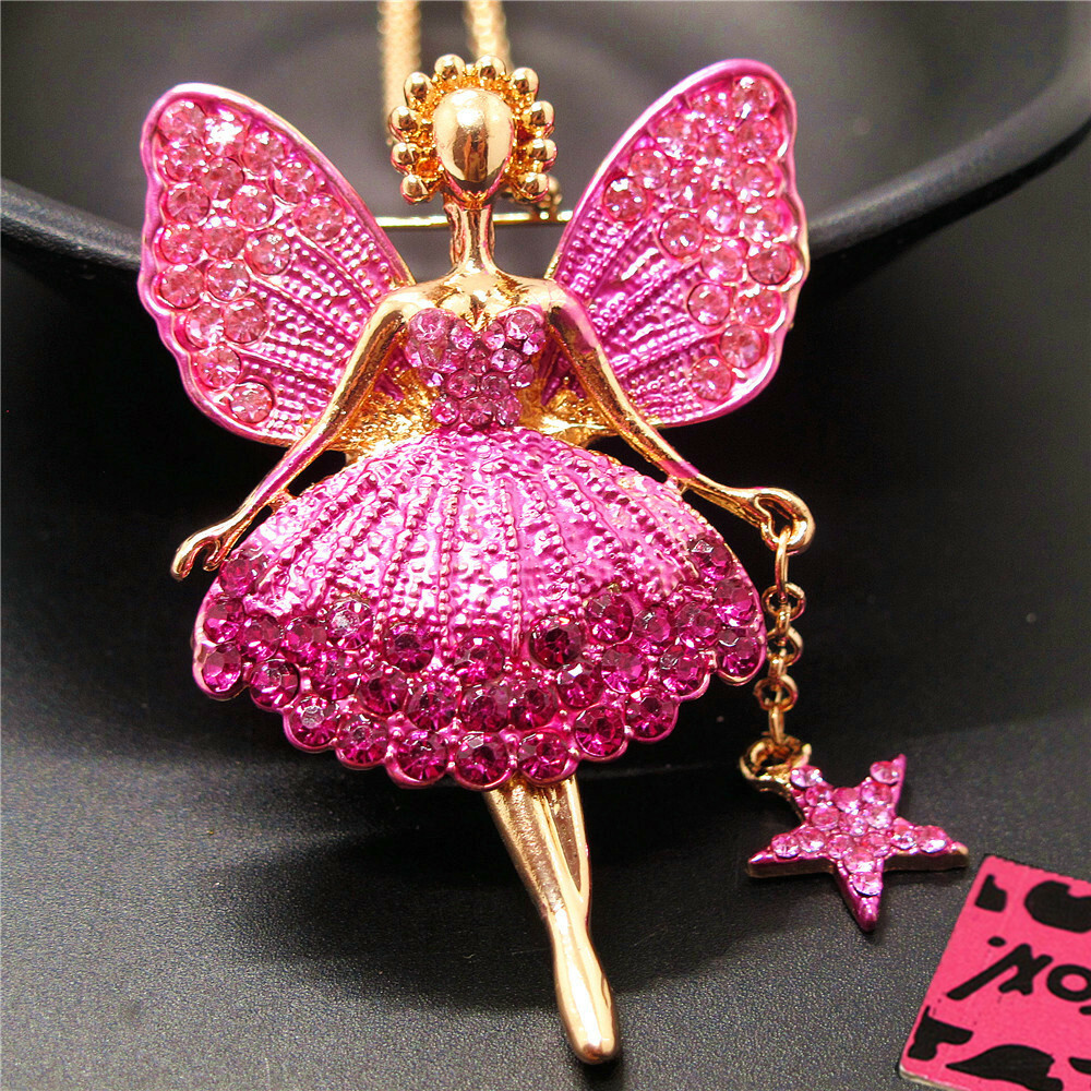 Fashion Women Rose Pink Star Crystal Ballet Girl Fairy Angel Wing Long Necklace