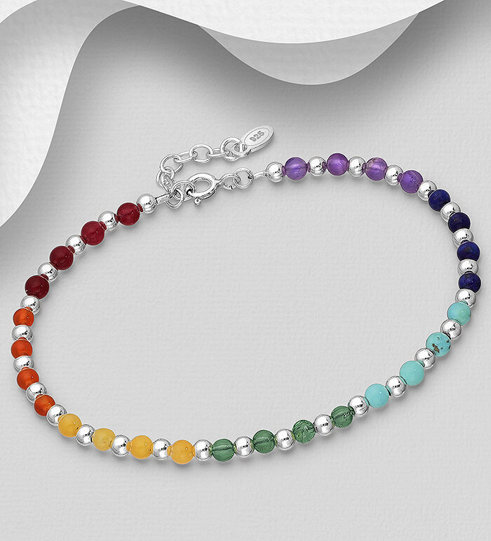 Silver Chakra Bracelet, Beaded with Semi Precious Beads