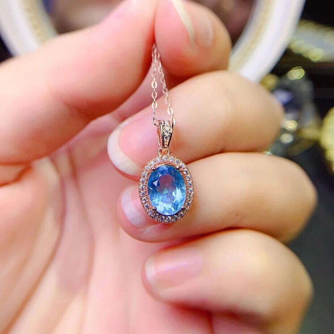 2 Ct Oval Cut Simulated Aquamarine Halo Women’s Pendant 14k Rose Gold Plated