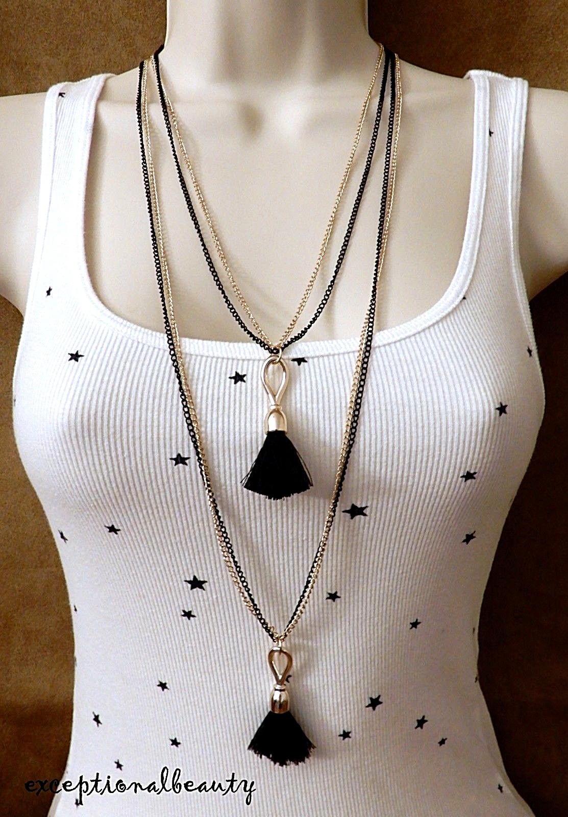 Gold & Black 2 Tier Chain Thread Tassle Pendant Long 30 Inch Sweater Necklace