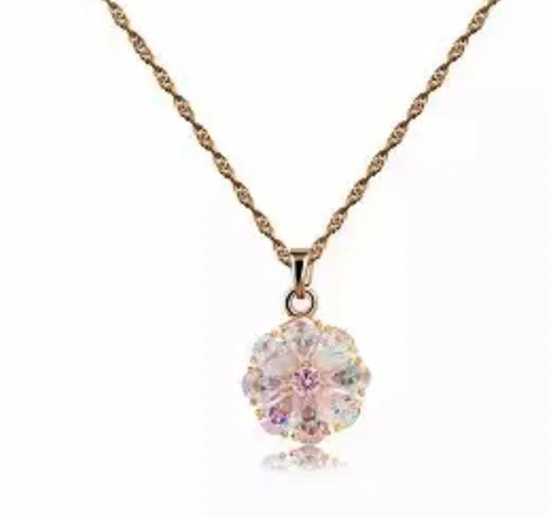 18k Gold Plated Flower Pendant Necklace made Simulated Diamond Aurora Borealis