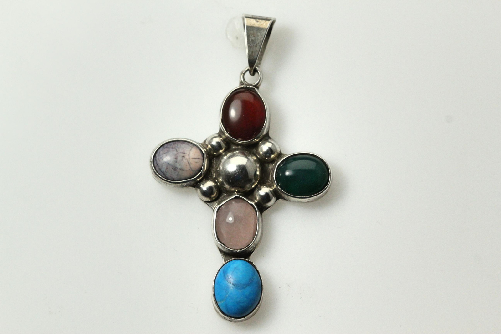 925 Sterling Silver Multi-Colored Stone Cross Pendant 17 Grams (PEN6244)