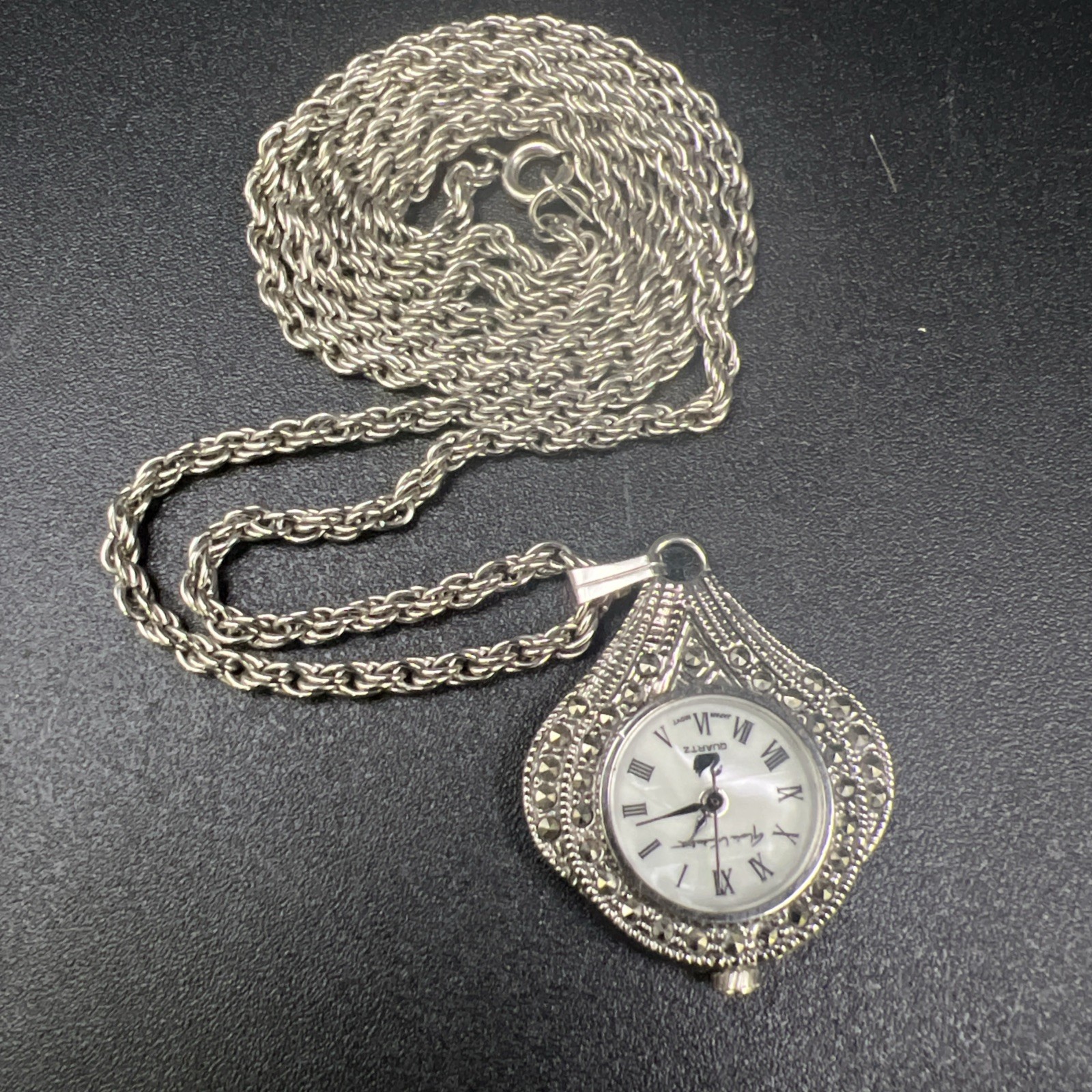 Vintage Gloria Vanderbilt Marcasite Pendant Watch on a 30” Rope Chain Necklace