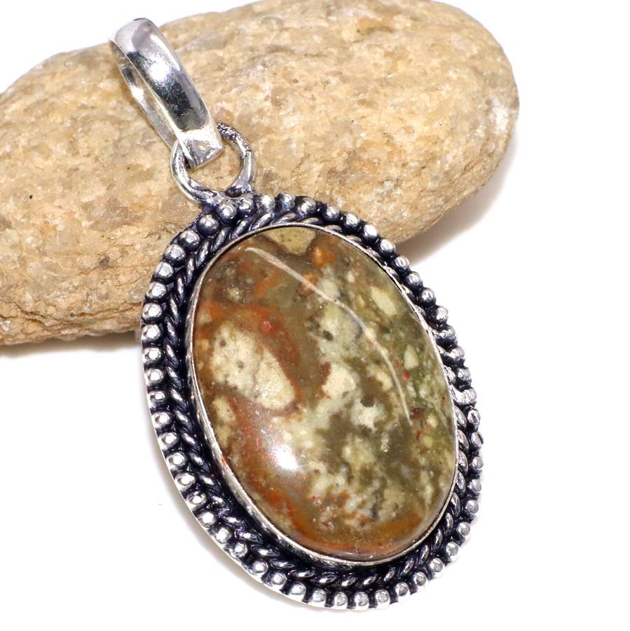 925 Silver Plated Picture Jasper Ethnic Pendant Jewelry Size 1.8″ JW