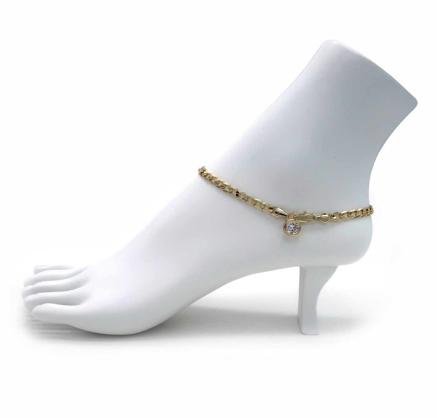 10″ ITALIAN CUBAN CURB LINK CHAIN ANKLET CZ STONE ANKLE BRACELET 14K GOLD PLATED