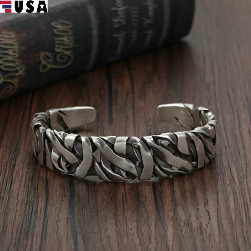 Men’s Retro C-Shaped Braided Silver Color Alloy Cuff Bracelet Jewelry