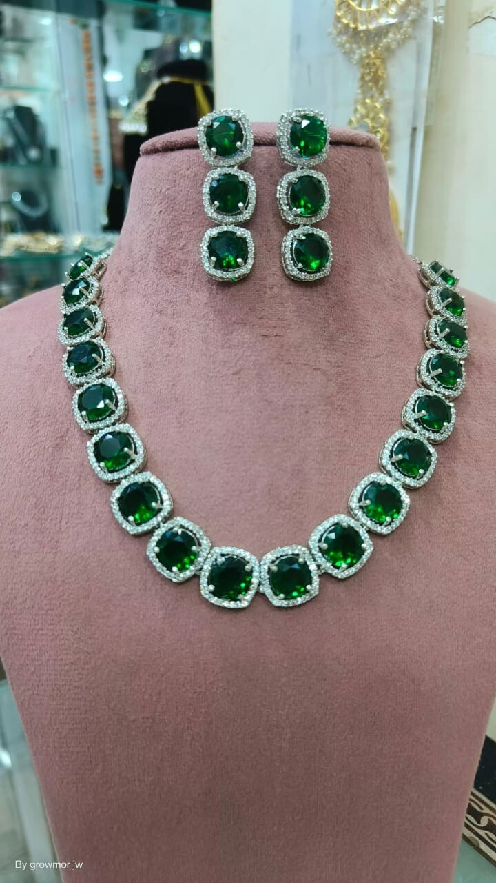 Statement Emerald Green Stone Zirconia Wide Necklace Earring Wedding Jewelry Set