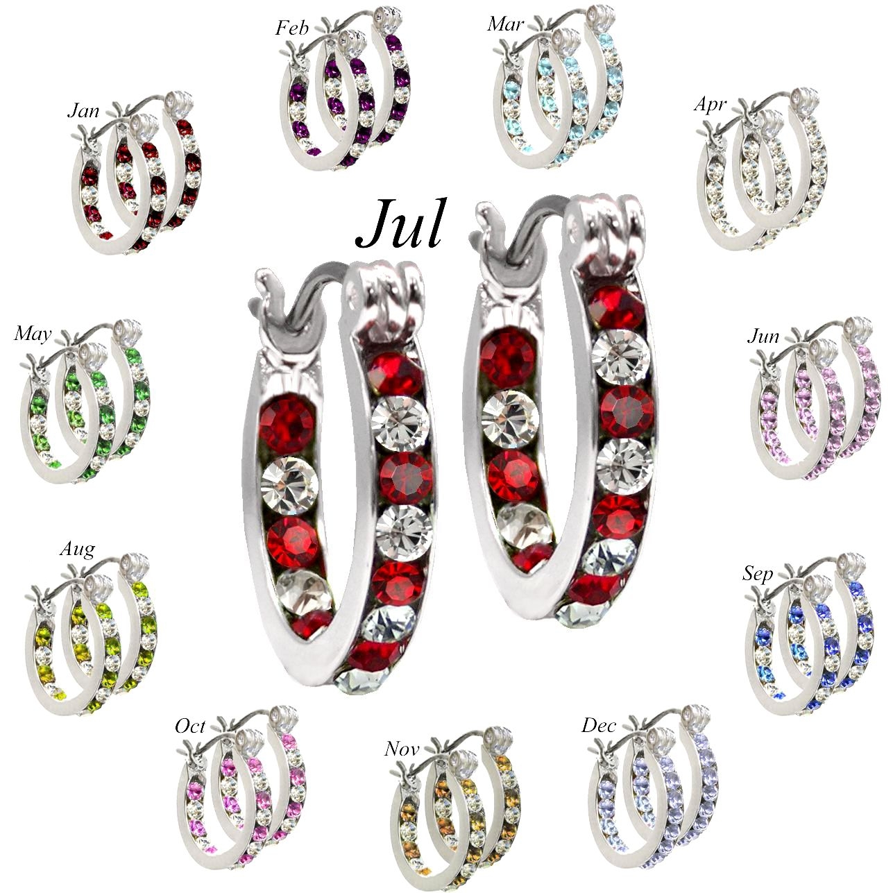 Forever Silver Plated 16mm Birthstone Hoop Earrings Austrian Crystal 12 Months!