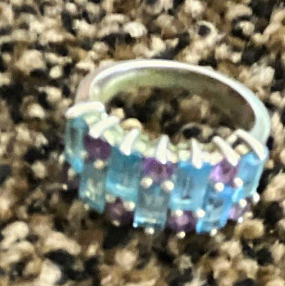 Silver Tone Band Ring Size 6.5 Square Blue Purple Amethyst Stone