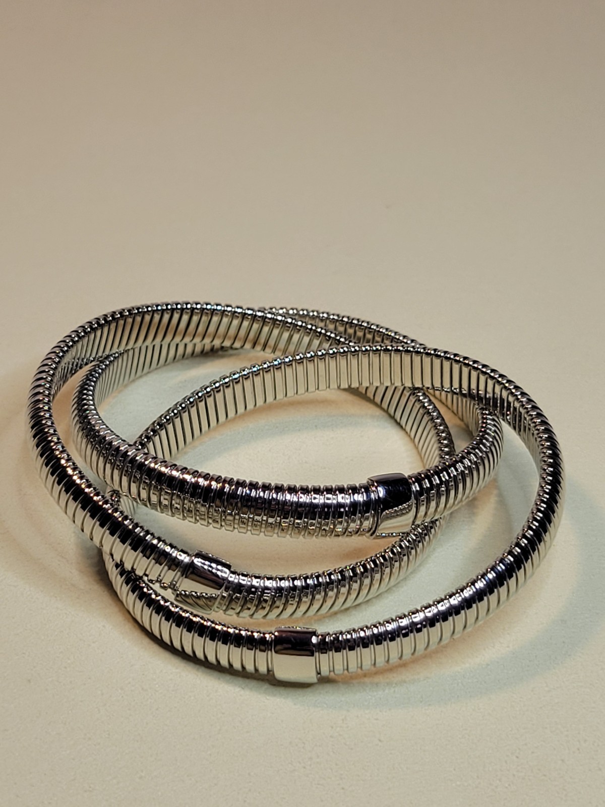 David Markstein Silvertone Three Strand Slip On Tubogas 8″ Stretch Bracelet
