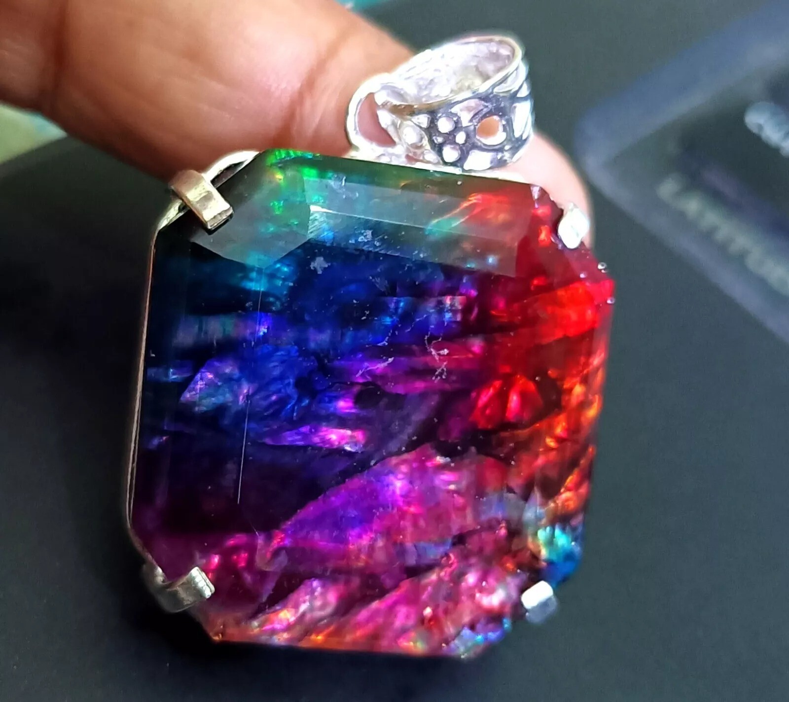 Ammolite Natural Pendant 90.24 Ct Loose Gemstone Asscher Cut 925 Sterling Silver