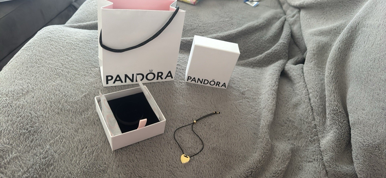 Pandora Adjustable Bolo Black Cord Necklace Heart Charm Pendant Gold Tone